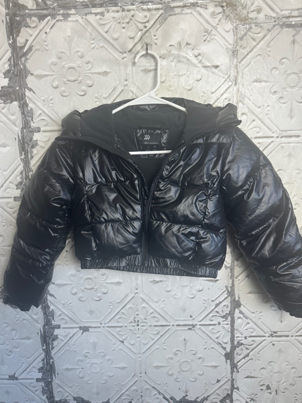 all in motion Shiny Black Cropped Puffer Jacket with Hood